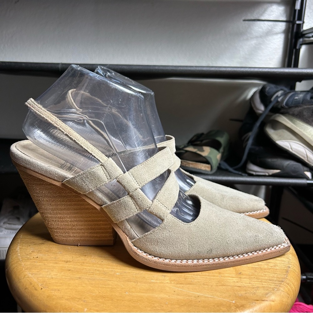 Jeffrey Campbell Caroline beige ankle strap pointed suede heels